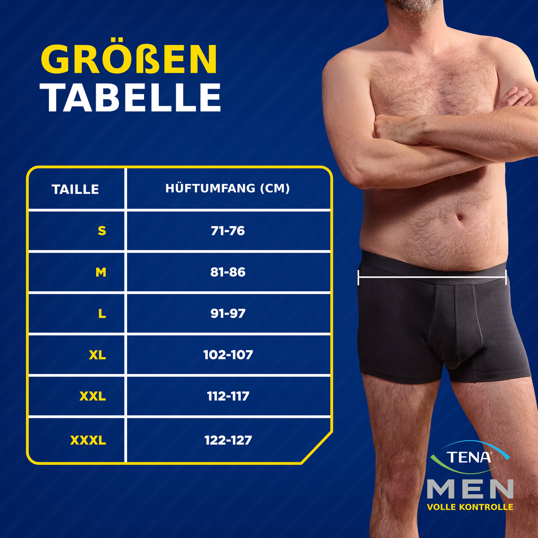 NEUE TENA Men Schützende Boxershorts, getragen von Mann, Arme verschränkt.