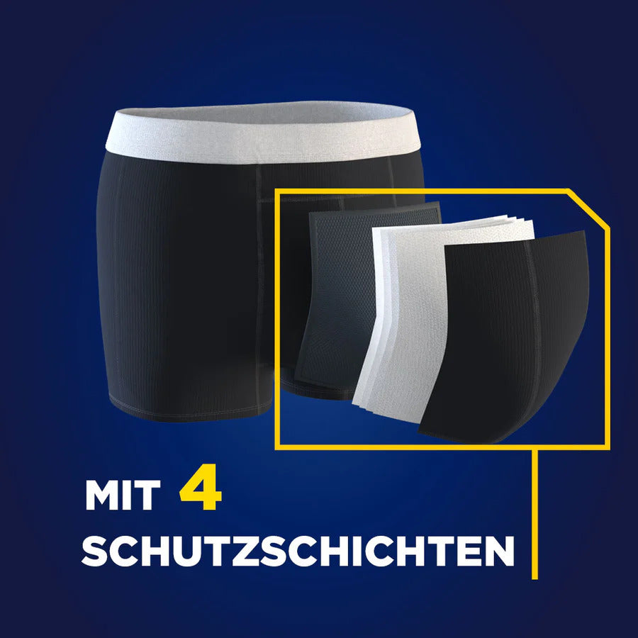 Illustration der waschbaren und schützenden TENA Men Inkontinenz-Boxershorts mit Hinweis auf vier Schutzschichten, hervorgehoben durch gelben Rahmen auf dunkelblauem Hintergrund.
