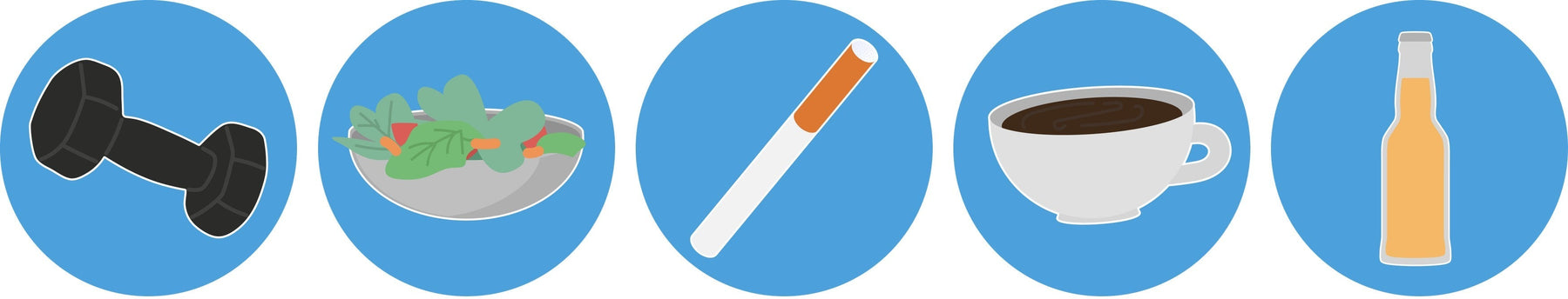 Symbole für Ernährung, Rauchen, Kaffee und Alkohol als mögliche Auslöser von Blasenschwäche