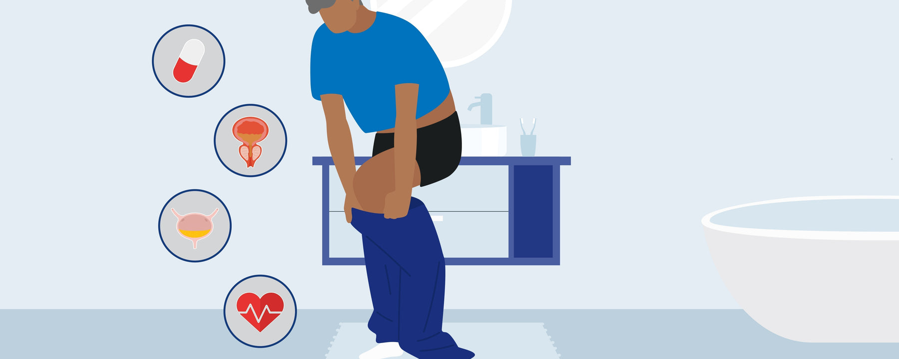 Mann im Badezimmer zieht Unterwäsche an – mögliche Ursachen von Blasenschwäche