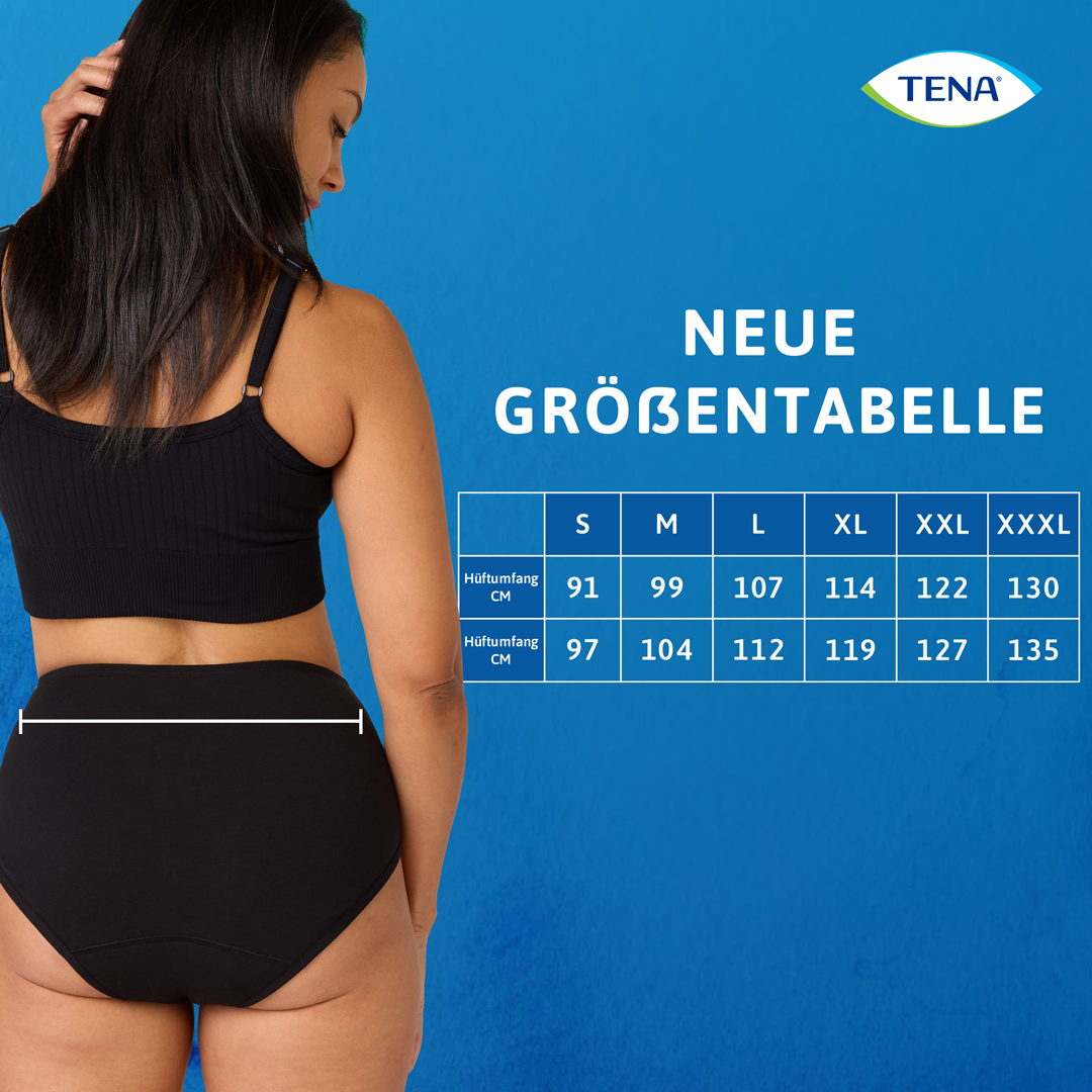 TENA 3-er Pack schützende Unterwäsche Bio-Baumwolle, neue Größentabelle sichtbar.