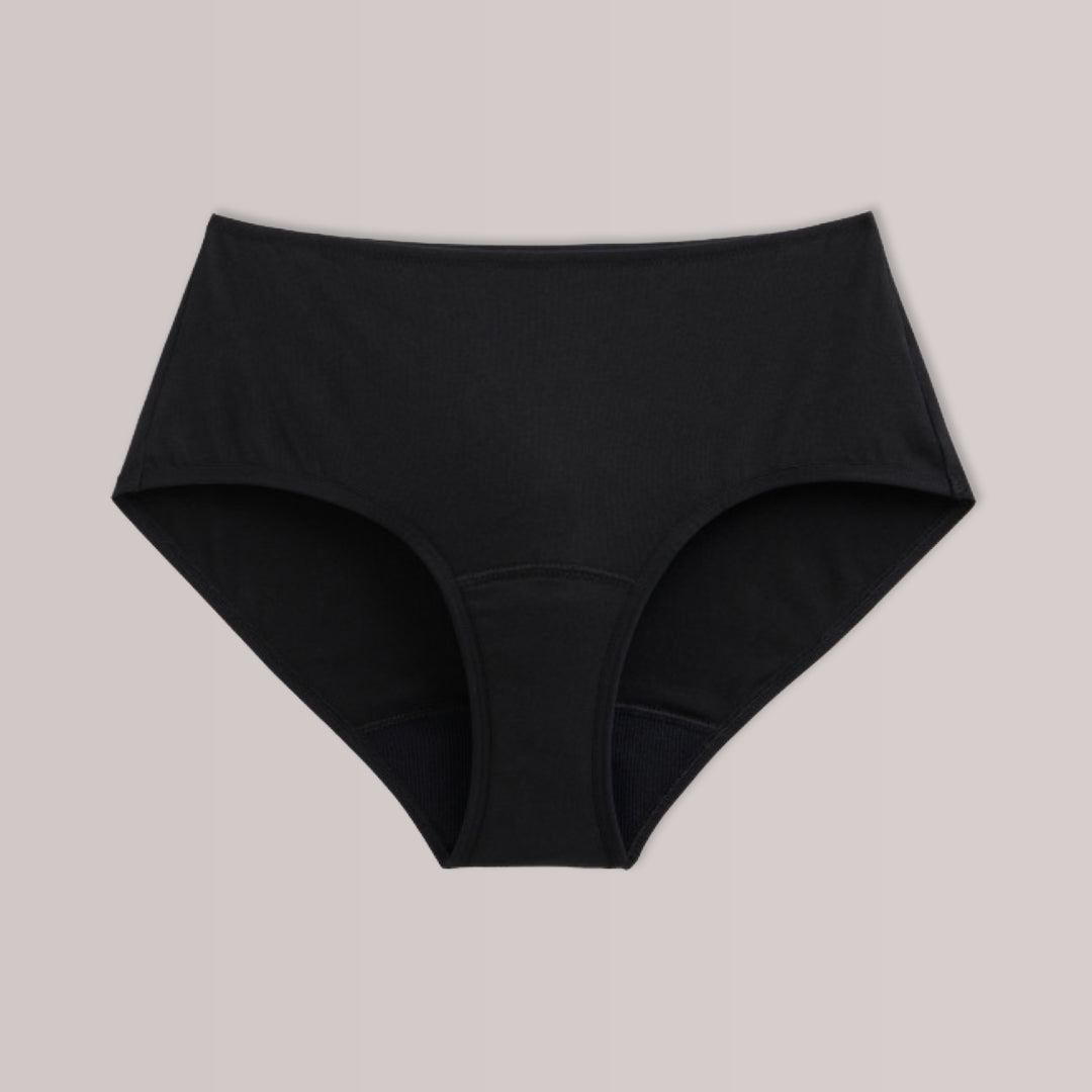 TENA 3-er Pack schützende Unterwäsche Bio-Baumwolle, schwarz, hochgeschnittene Damen-Slips.