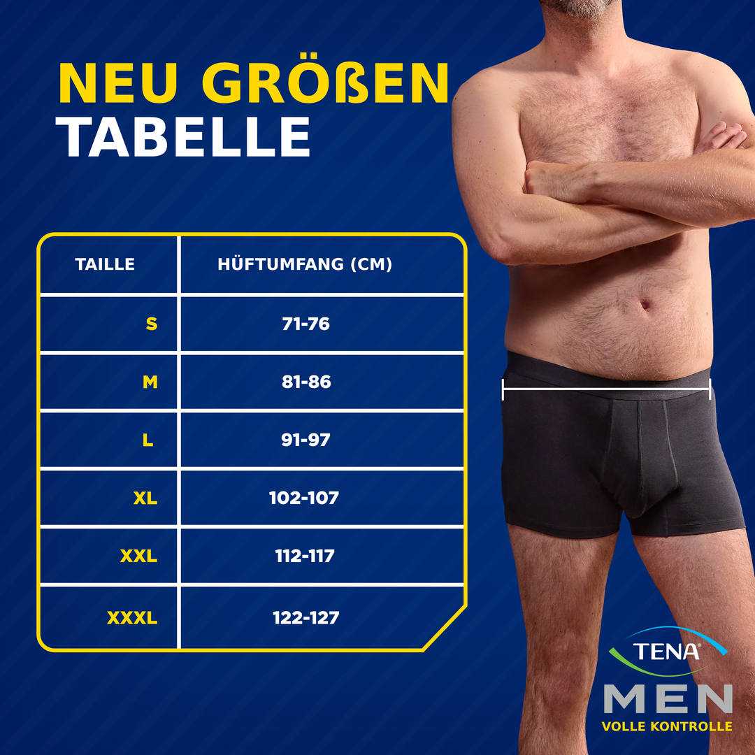 NEUE TENA Men schützende Boxershorts Größenübersicht und Trageanleitung