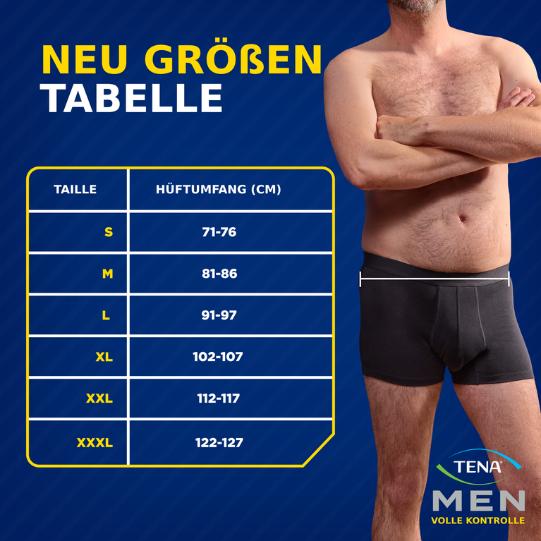 NEUE TENA Men schützende Boxershorts Größenübersicht und Trageanleitung