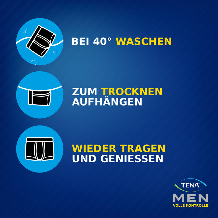 NEUE TENA Men Schützende Boxershorts mit integriertem Schutz, stilvollem Design.