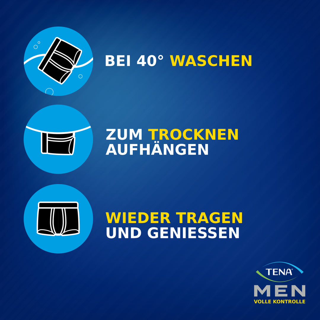 NEUE TENA Men schützende Boxershorts, waschbar bei 40°C, hängend trocknen.